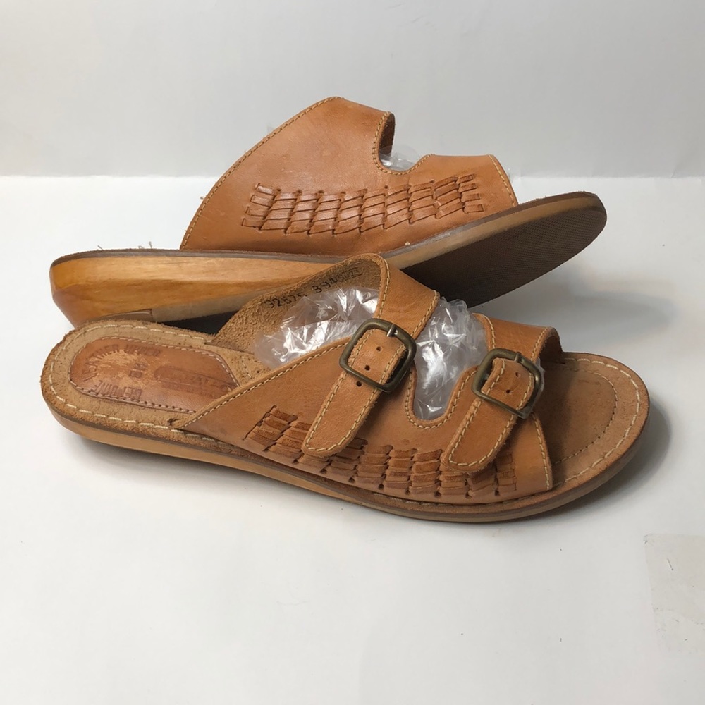Vintage 80s Rapallo Leather Boho Sandals Wood Heel